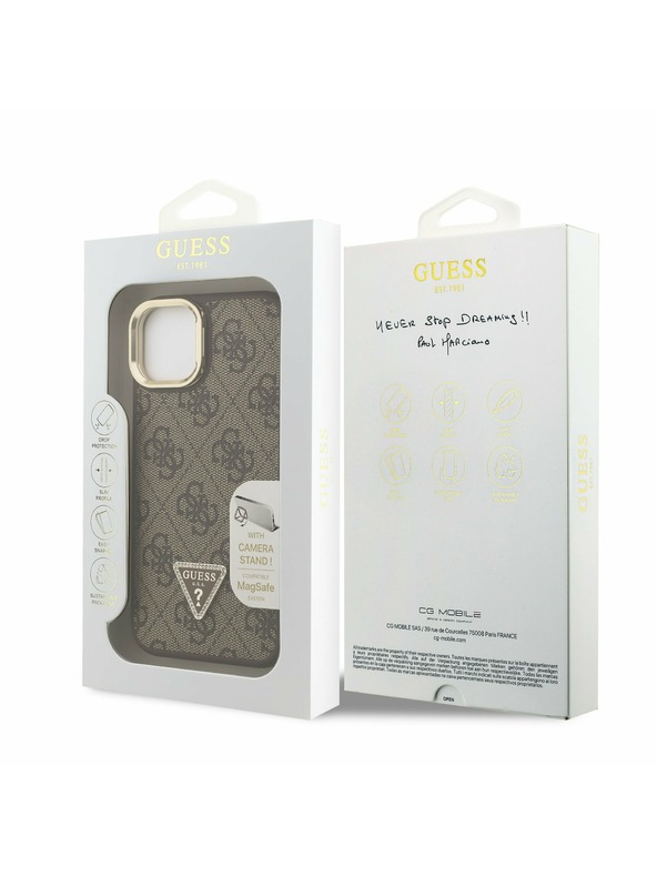 Guess Guess PU 4G Strass Triangle Logo Suport Ramă Cameră MagSafe Carcasă Spate pentru iPhone 15 Maro