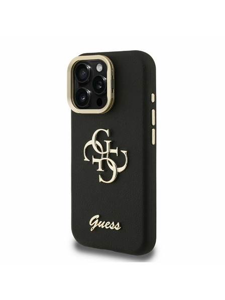 Guess Guess PU Grained 4G Logo Suport Ramă Cameră Carcasă Spate pentru iPhone 16 Pro Max Negru