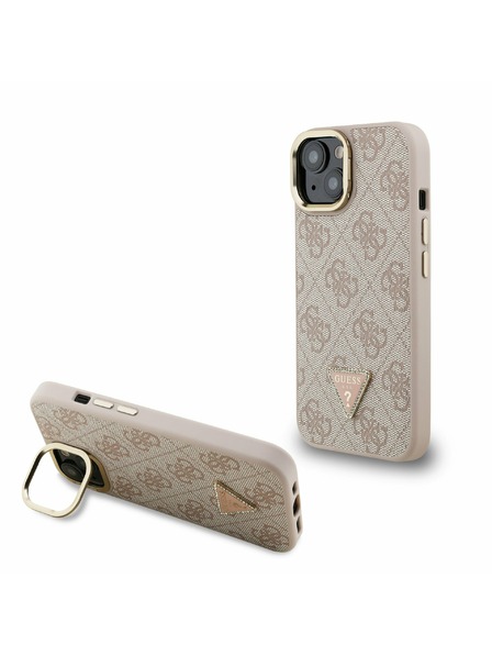 Guess Guess PU 4G Strass Triangle Logo Suport Ramă Cameră MagSafe Carcasă Spate pentru iPhone 15 Roz