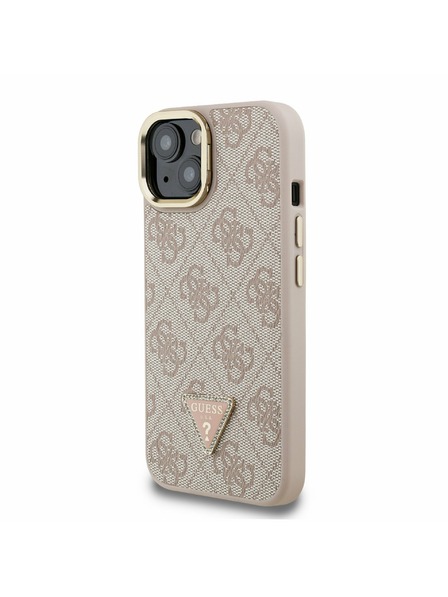 Guess Guess PU 4G Strass Triangle Logo Suport Ramă Cameră MagSafe Carcasă Spate pentru iPhone 15 Roz