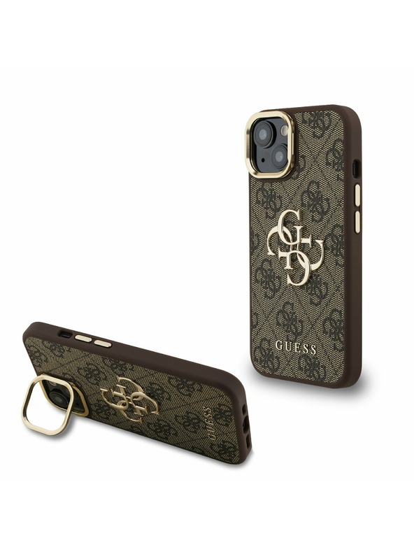 Guess Guess PU 4G Metal Logo Suport Ramă Cameră Carcasă spate pentru iPhone 15 Maro