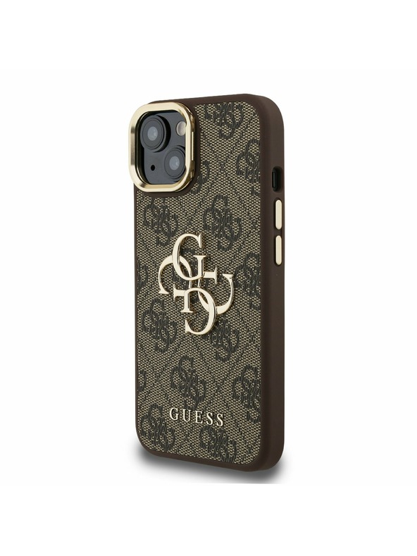 Guess Guess PU 4G Metal Logo Suport Ramă Cameră Carcasă spate pentru iPhone 15 Maro