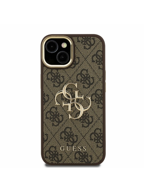 Guess Guess PU 4G Metal Logo Suport Ramă Cameră Carcasă spate pentru iPhone 15 Maro
