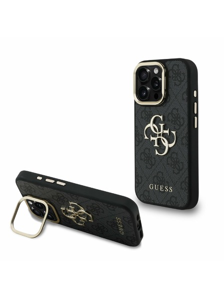 Guess Guess PU 4G Metal Logo Suport Ramă Cameră Carcasă spate pentru iPhone 16 Pro Negru