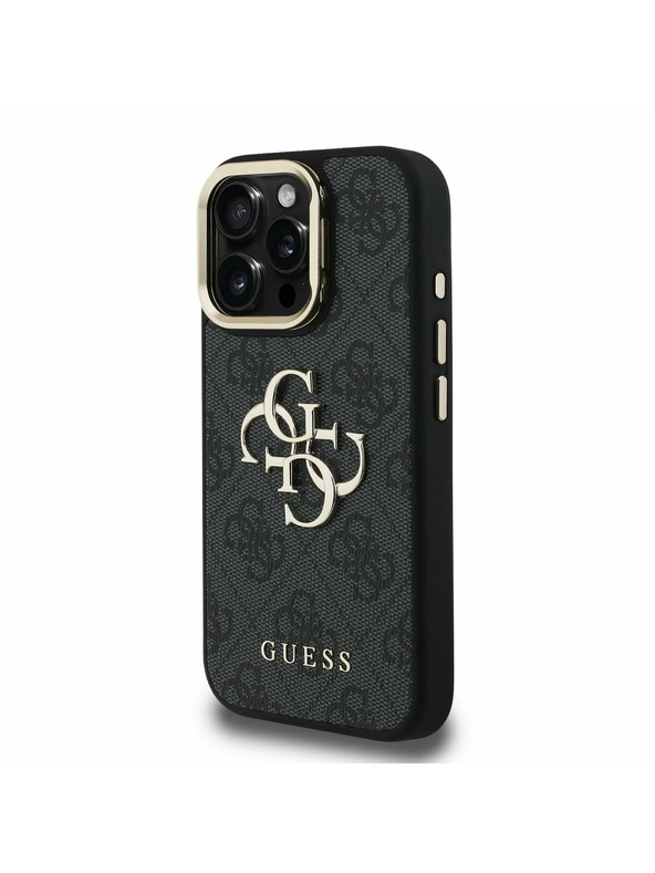 Guess Guess PU 4G Metal Logo Suport Ramă Cameră Carcasă spate pentru iPhone 16 Pro Negru