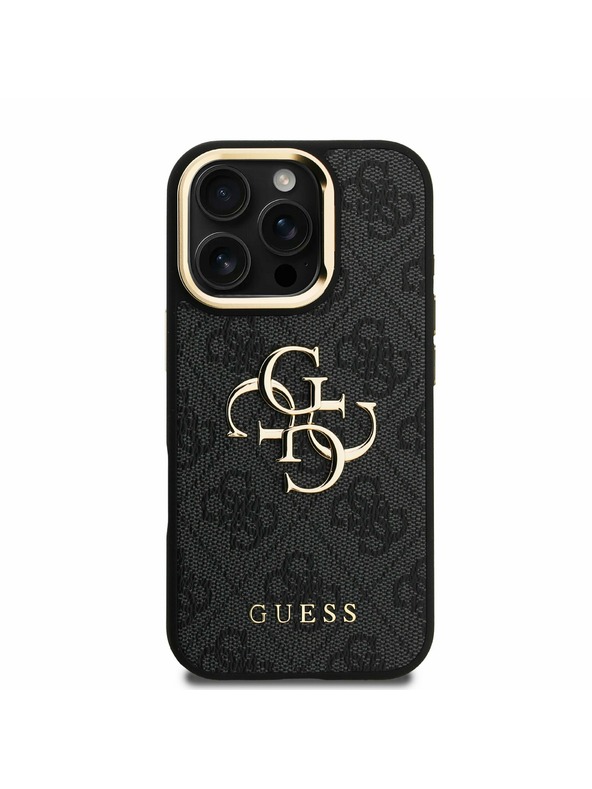 Guess Guess PU 4G Metal Logo Suport Ramă Cameră Carcasă spate pentru iPhone 16 Pro Negru