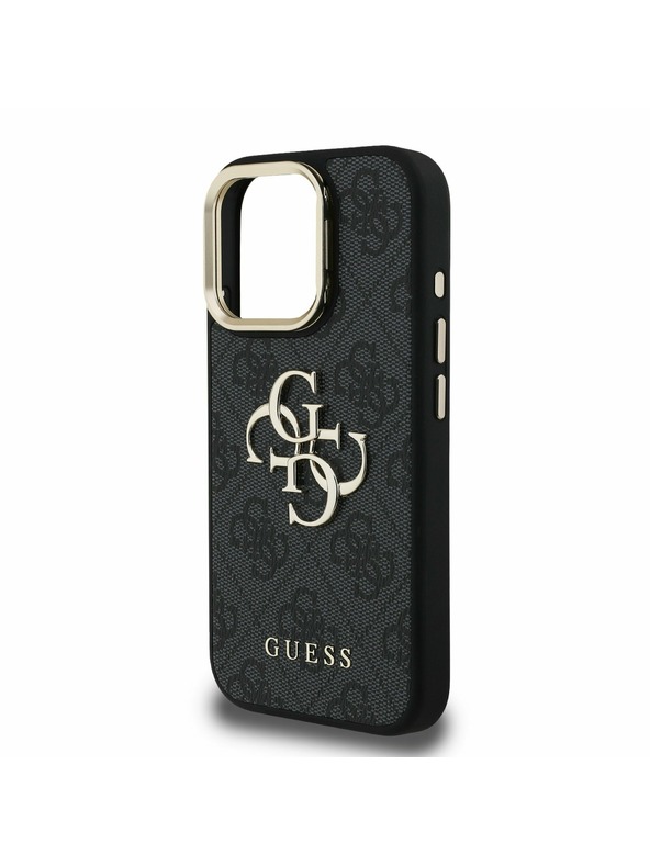 Guess Guess PU 4G Metal Logo Suport Ramă Cameră Carcasă spate pentru iPhone 16 Pro Negru