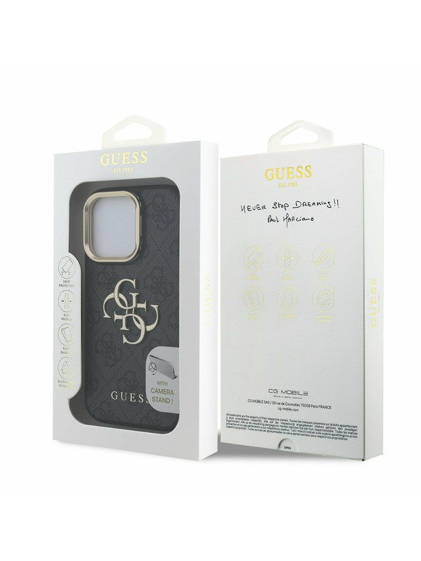 Guess Guess PU 4G Metal Logo Suport Ramă Cameră Carcasă spate pentru iPhone 16 Pro Negru