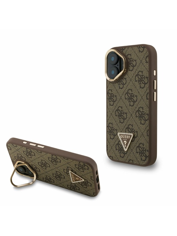 Guess Guess PU 4G Strass Triunghi Logo Suport Ramă Cameră MagSafe Carcasă spate pentru iPhone 16 Maro