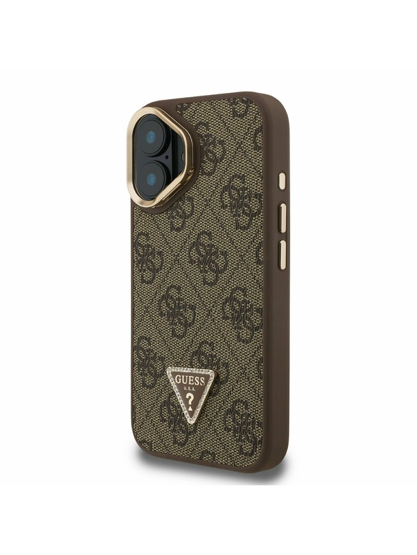 Guess Guess PU 4G Strass Triunghi Logo Suport Ramă Cameră MagSafe Carcasă spate pentru iPhone 16 Maro
