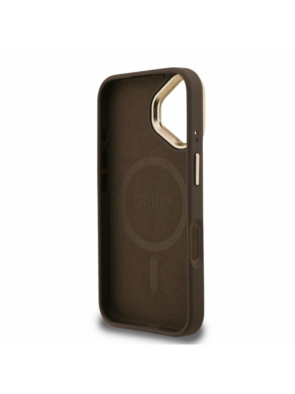 Guess Guess PU 4G Strass Triunghi Logo Suport Ramă Cameră MagSafe Carcasă spate pentru iPhone 16 Maro