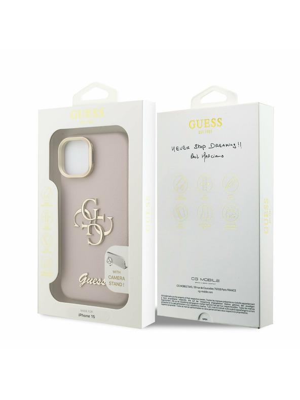 Guess Guess PU Granulat 4G Logo Suport Ramă Cameră Carcasă spate pentru iPhone 15 Roz