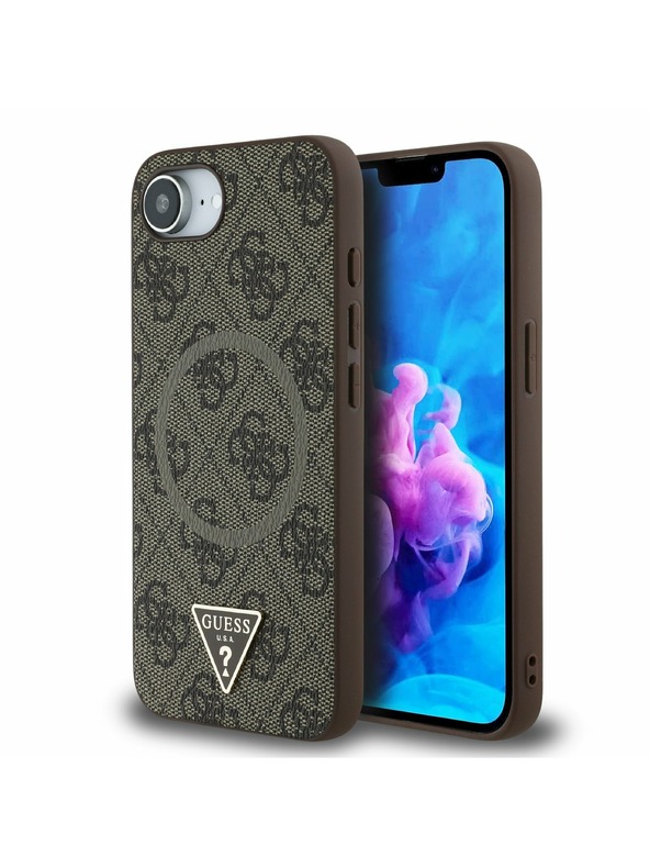 Guess Guess PU 4G Strass Triunghi Metal Logo Carcasă spate pentru iPhone 16e Maro