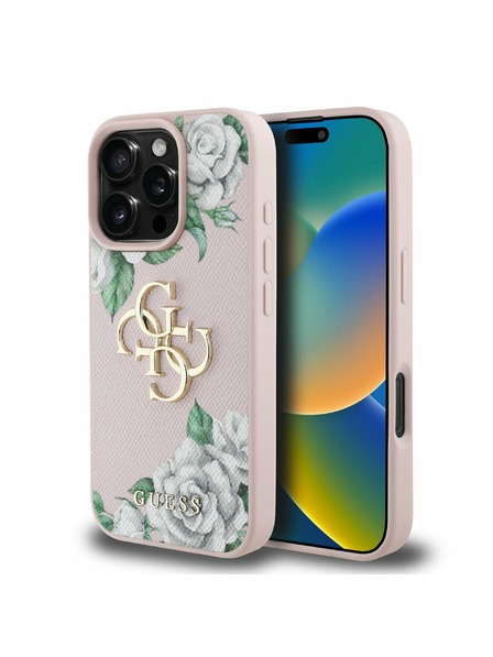 Guess Guess PU Granulat Trandafiri 4G Metal Logo Carcasă spate pentru iPhone 16 Pro Roz