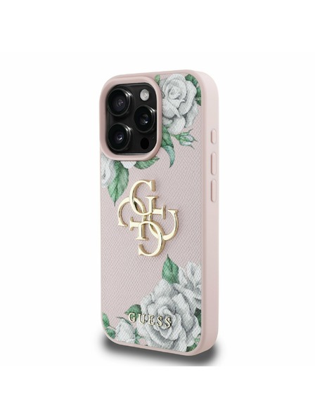Guess Guess PU Granulat Trandafiri 4G Metal Logo Carcasă spate pentru iPhone 16 Pro Roz