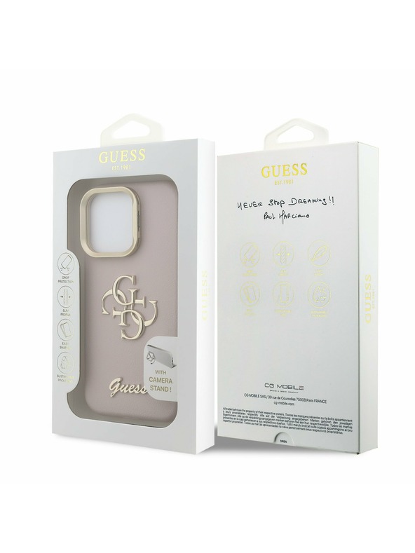 Guess Guess PU Granulat 4G Logo Suport Ramă Cameră Carcasă spate pentru iPhone 15 Pro Roz