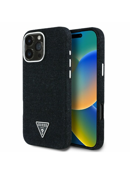 Guess Guess Denim Triunghi Logo MagSafe Carcasă spate pentru iPhone 16 Pro Negru