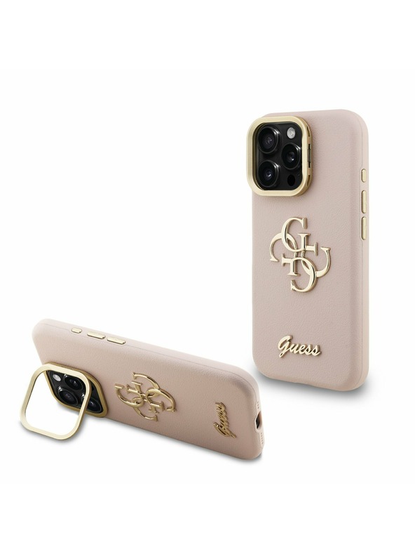 Guess Guess PU Granulat 4G Logo Suport Ramă Cameră Carcasă spate pentru iPhone 16 Pro Max Roz