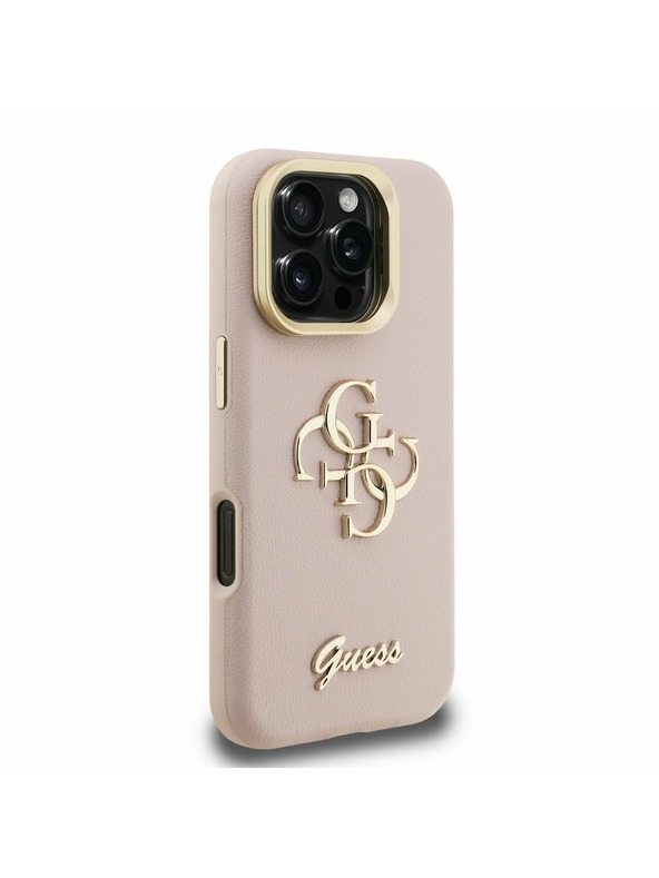 Guess Guess PU Granulat 4G Logo Suport Ramă Cameră Carcasă spate pentru iPhone 16 Pro Max Roz