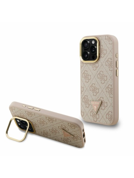 Guess Guess PU 4G Strass Triunghi Logo Suport Ramă Cameră MagSafe Carcasă spate pentru iPhone 15 Pro Max Roz