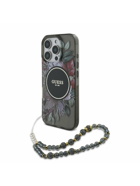 Guess Guess IML Flowers Pearl Strap MagSafe Carcasă spate pentru iPhone 16 Pro Max Negru