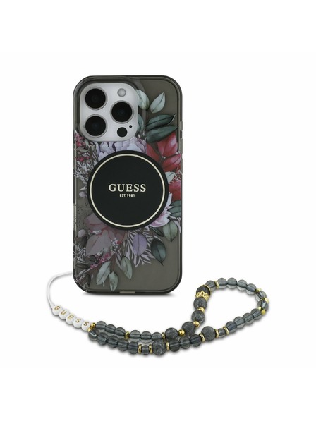 Guess Guess IML Flowers Pearl Strap MagSafe Carcasă spate pentru iPhone 16 Pro Max Negru