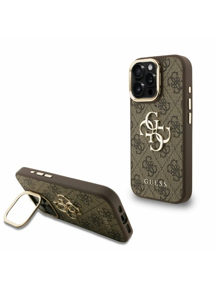 Guess Guess PU 4G Metal Logo Stand Carcasă Spate Camera pentru iPhone 15 Pro Maro