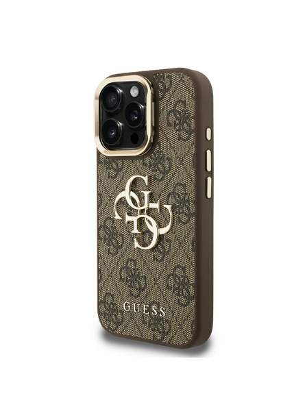 Guess Guess PU 4G Metal Logo Stand Carcasă Spate Camera pentru iPhone 15 Pro Maro