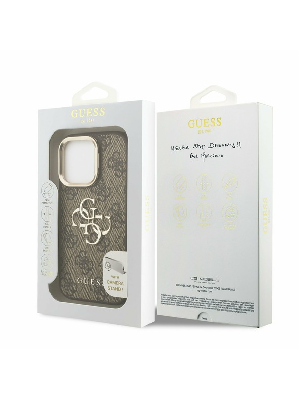 Guess Guess PU 4G Metal Logo Stand Carcasă Spate Camera pentru iPhone 15 Pro Maro