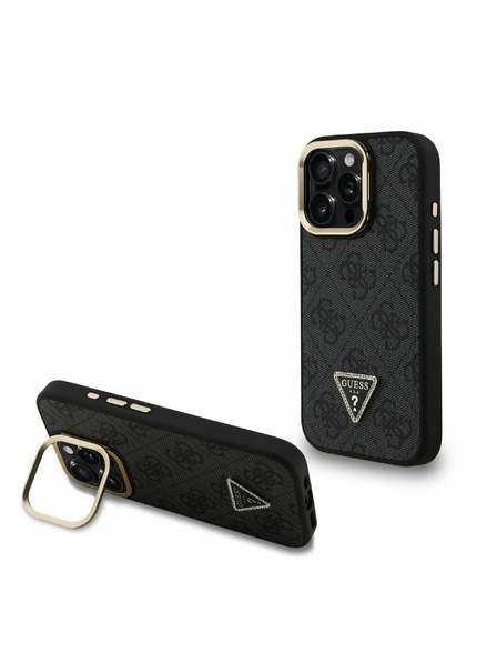 Guess Guess PU 4G Strass Triunghi Logo Stand Carcasă Spate Camera MagSafe pentru iPhone 15 Pro Max Negru