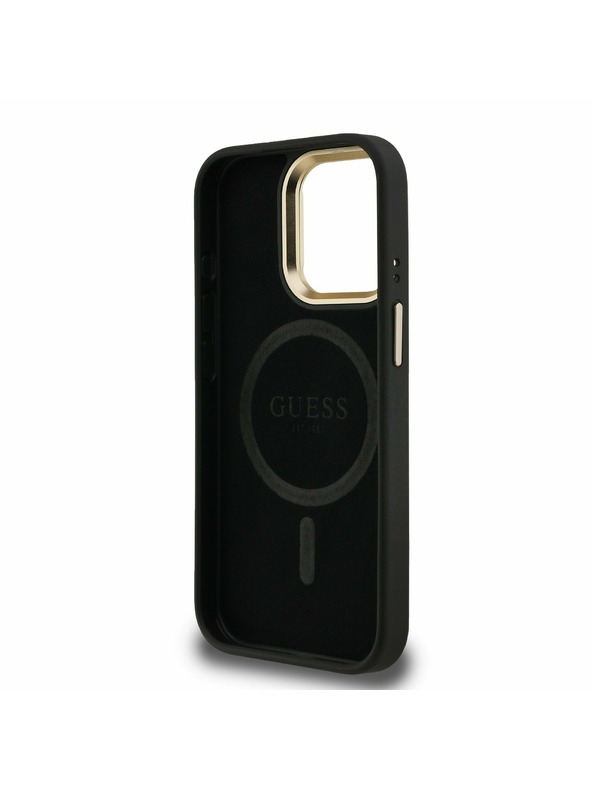 Guess Guess PU 4G Strass Triunghi Logo Stand Carcasă Spate Camera MagSafe pentru iPhone 15 Pro Max Negru