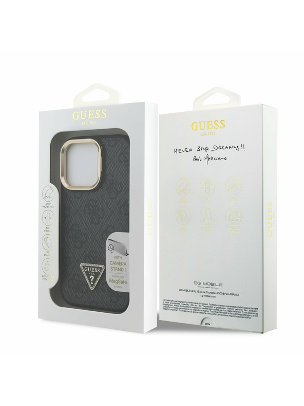 Guess Guess PU 4G Strass Triunghi Logo Stand Carcasă Spate Camera MagSafe pentru iPhone 15 Pro Max Negru