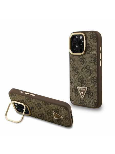 Guess Guess PU 4G Strass Triunghi Logo Stand Carcasă Spate Camera MagSafe pentru iPhone 15 Pro Maro