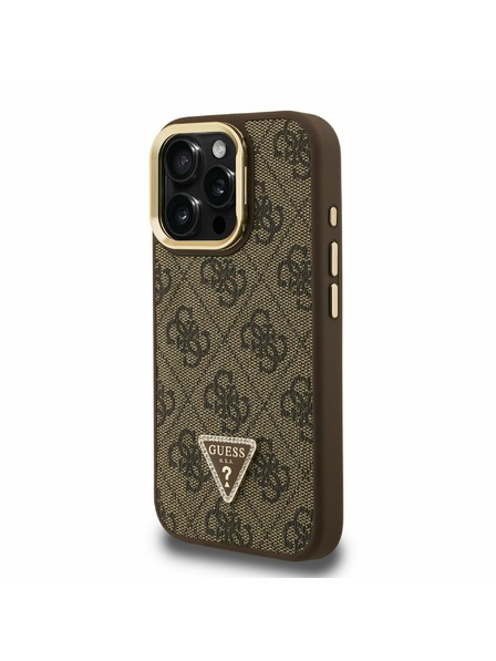 Guess Guess PU 4G Strass Triunghi Logo Stand Carcasă Spate Camera MagSafe pentru iPhone 15 Pro Maro