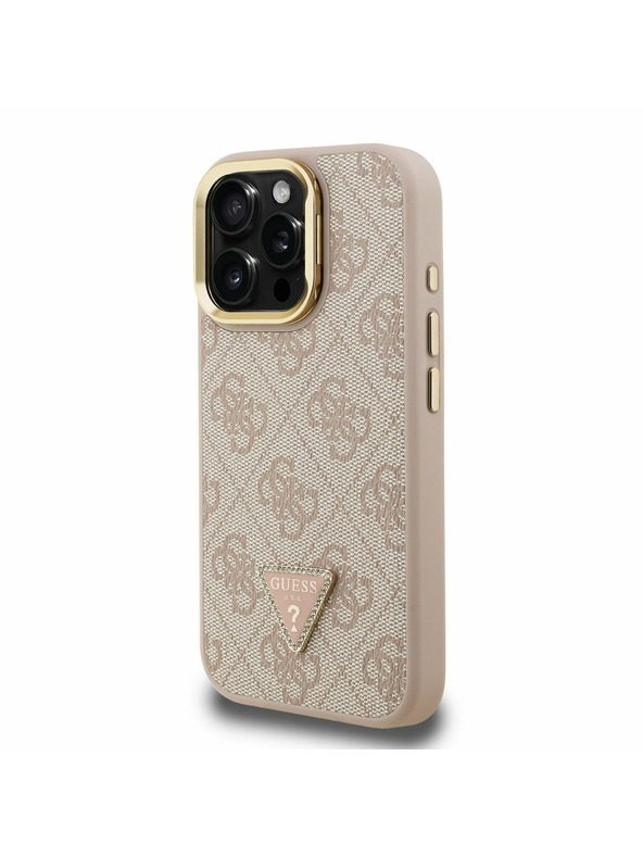 Guess Guess PU 4G Strass Triunghi Logo Stand Carcasă Spate Camera MagSafe pentru iPhone 16 Pro Roz