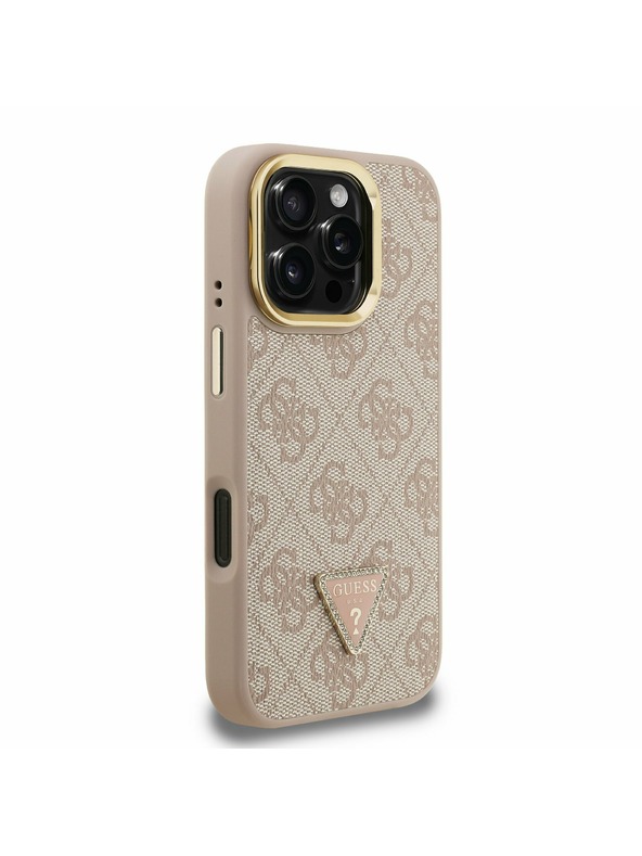 Guess Guess PU 4G Strass Triunghi Logo Stand Carcasă Spate Camera MagSafe pentru iPhone 16 Pro Roz