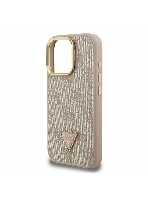 Guess Guess PU 4G Strass Triunghi Logo Stand Carcasă Spate Camera MagSafe pentru iPhone 16 Pro Roz