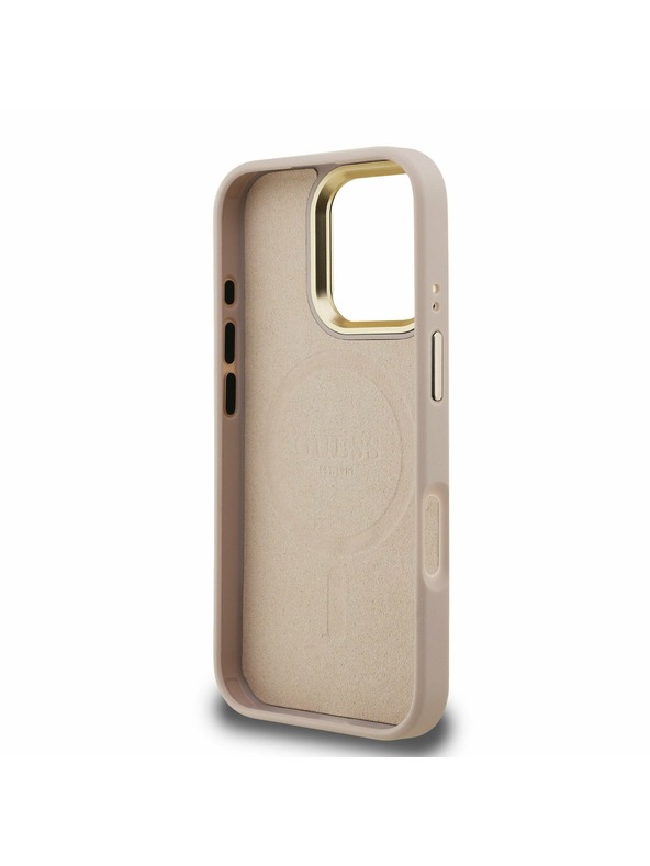 Guess Guess PU 4G Strass Triunghi Logo Stand Carcasă Spate Camera MagSafe pentru iPhone 16 Pro Roz