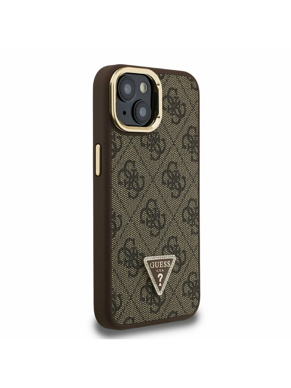 Guess Guess PU 4G Strass Triunghi Logo Stand Carcasă Spate Camera MagSafe pentru iPhone 13 Maro