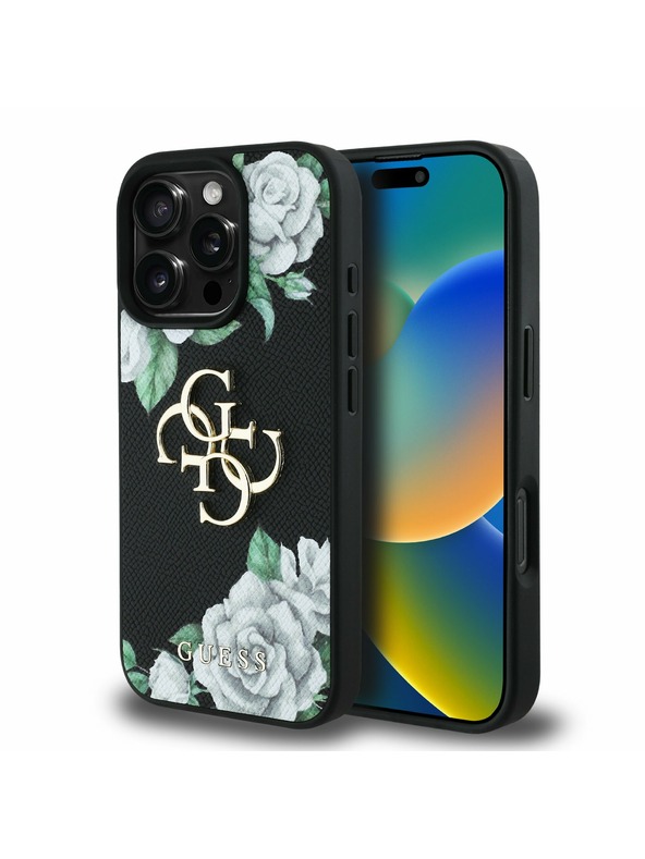 Guess Guess PU Grained Trandafiri 4G Metal Logo Carcasă Spate pentru iPhone 16 Pro Negru