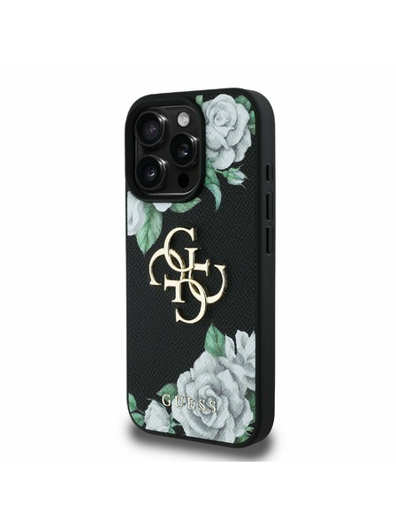 Guess Guess PU Grained Trandafiri 4G Metal Logo Carcasă Spate pentru iPhone 16 Pro Negru