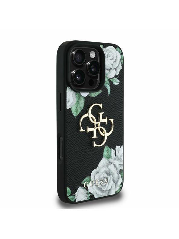 Guess Guess PU Grained Trandafiri 4G Metal Logo Carcasă Spate pentru iPhone 16 Pro Negru