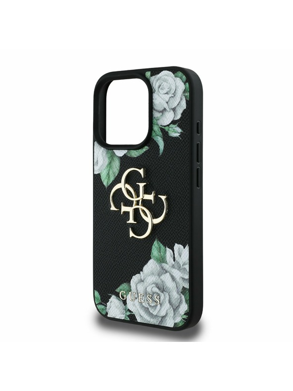 Guess Guess PU Grained Trandafiri 4G Metal Logo Carcasă Spate pentru iPhone 16 Pro Negru