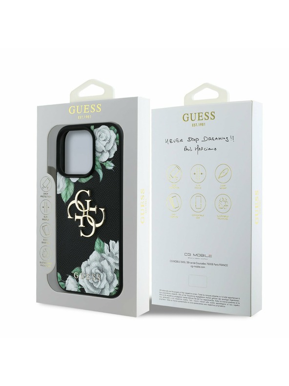 Guess Guess PU Grained Trandafiri 4G Metal Logo Carcasă Spate pentru iPhone 16 Pro Negru