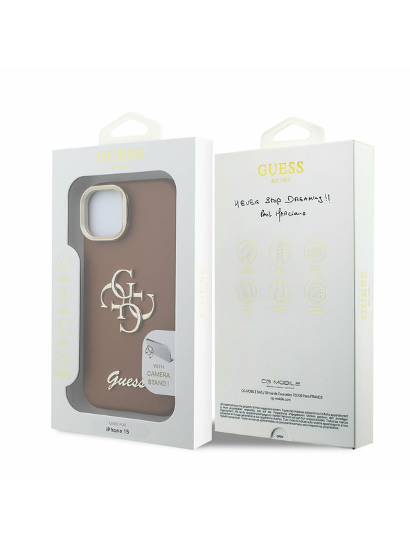 Guess Guess PU Grained 4G Logo Stand Carcasă Spate pentru iPhone 15 Maro