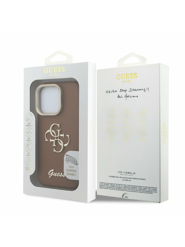 Guess Guess PU Grained 4G Logo Stand Carcasă Foto pentru iPhone 15 Pro Maro