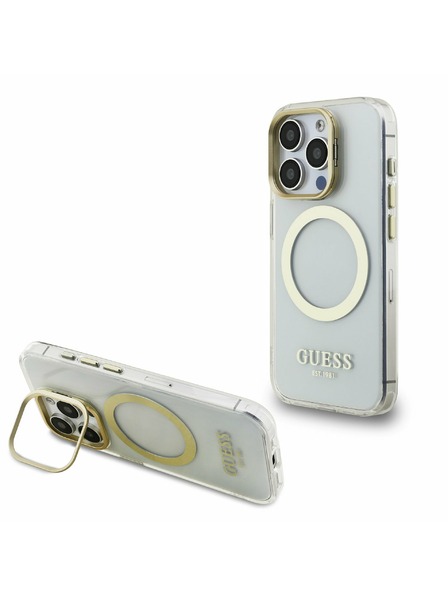 Guess Guess IML Gold Outline Stand Carcasă Foto MagSafe pentru iPhone 15 Pro Transparent