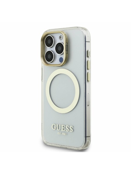Guess Guess IML Gold Outline Stand Carcasă Foto MagSafe pentru iPhone 15 Pro Transparent