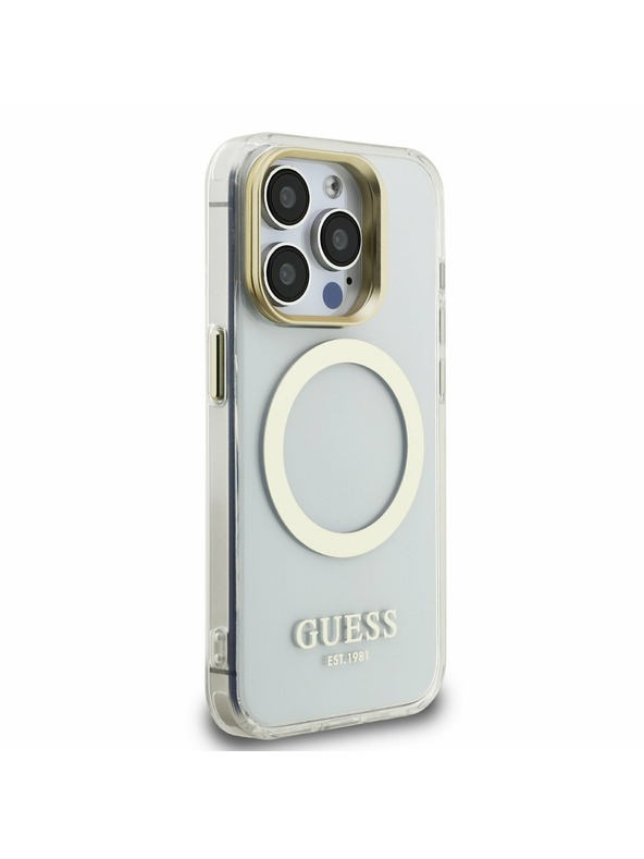 Guess Guess IML Gold Outline Stand Carcasă Foto MagSafe pentru iPhone 15 Pro Transparent
