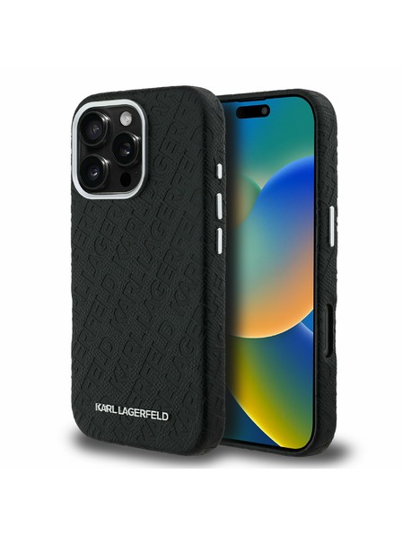 Karl Lagerfeld Karl Lagerfeld Grained PU Repeated Logo MagSafe Carcasă Spate pentru iPhone 16 Pro Negru